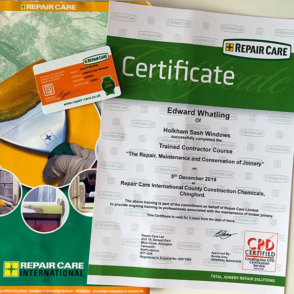repair care certificate for Holkham Sash Windows